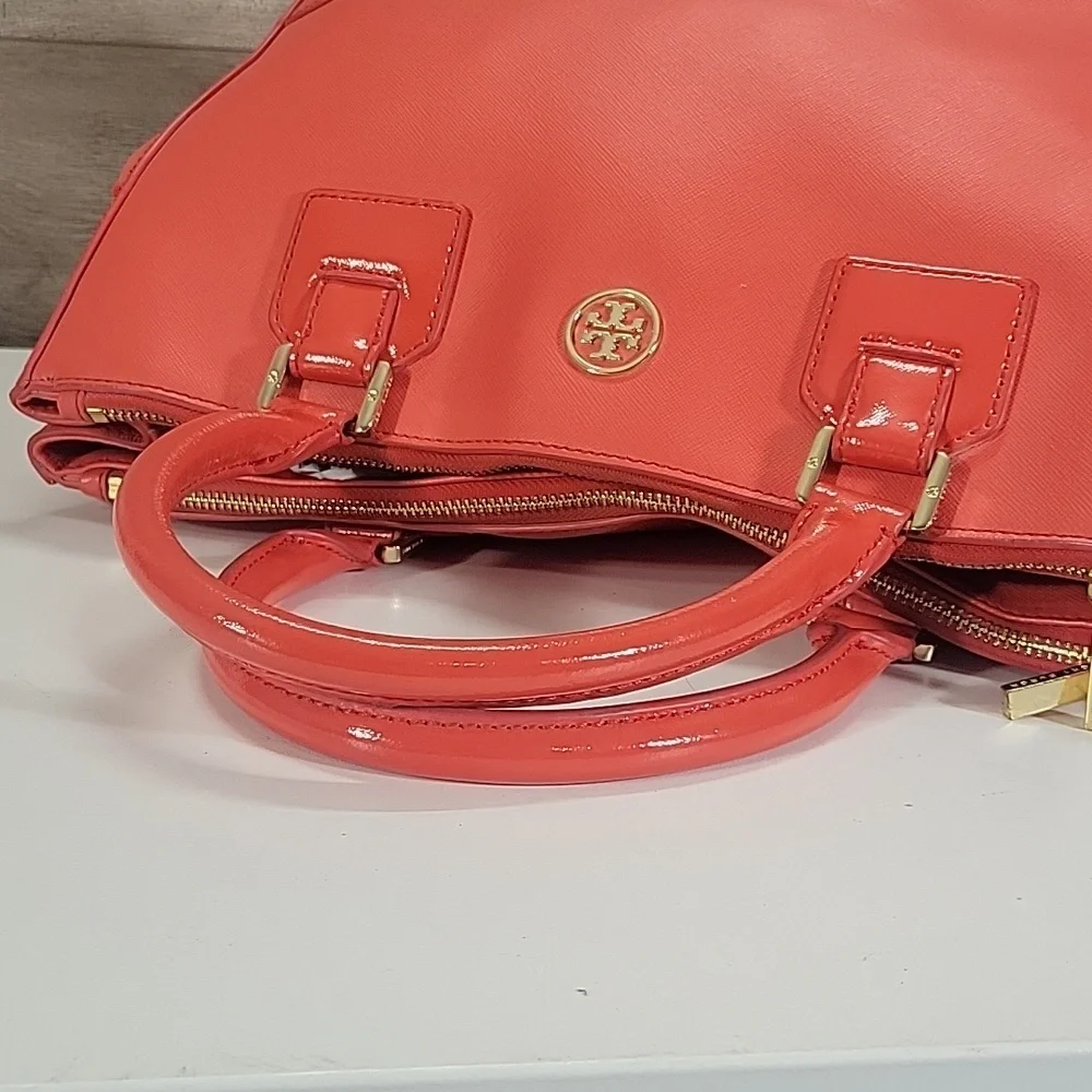 Tory Burch Red Coral Saffiano/ Patent Leather Satchel Handbag